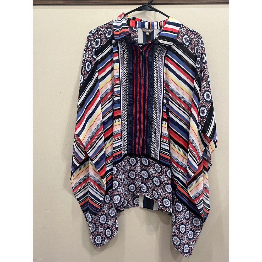 Katies Womens Blouse Top Collar Sheer Striped Red Blue Print Short Sleeve‎ Sz 14